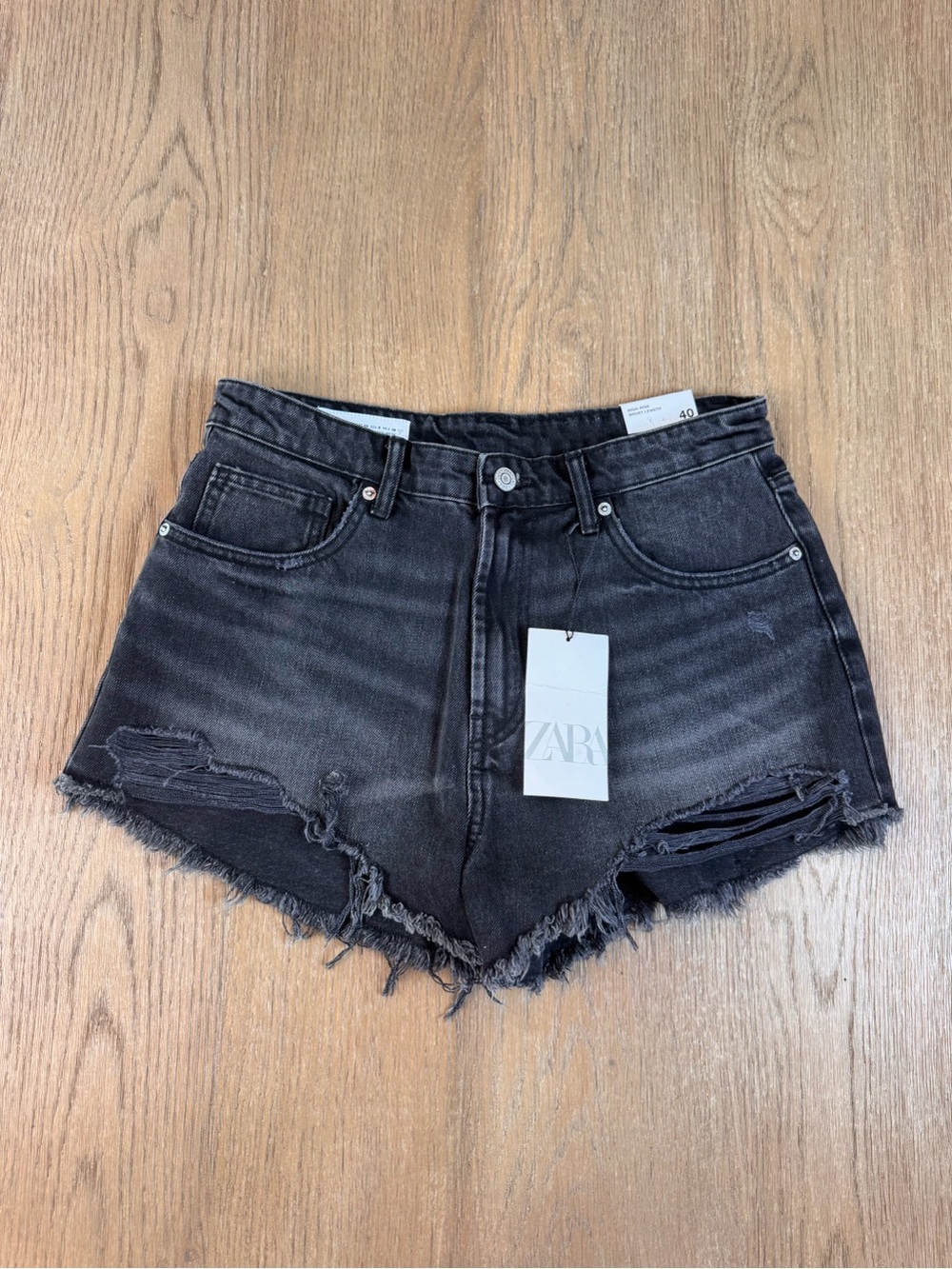 ZARA Black Distressed Frayed Hem Denim Shorts